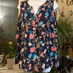 Soirée Sleeveless Top w Deep Navy Background with Beautiful Floral Design, 1X